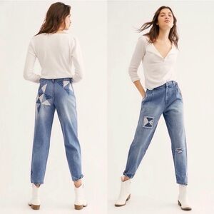 Free People We The Free Down to Earth Patchwork Straight Leg Tapered Boho Jeans